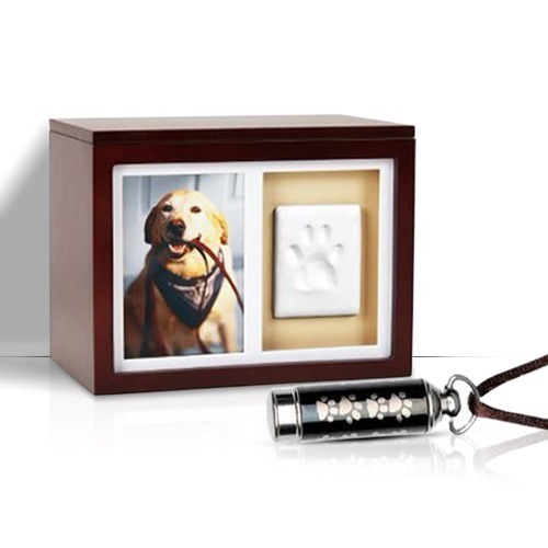 Wooden box with a picture of a pet along with pet's tag